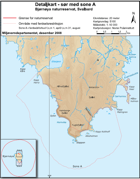 Kart over Bjørnøya naturreservat, sør med sone A. / Map of Bjørnøya nature reserve, south with zone A. Kart over Bjørnøya naturreservat, sør med sone A.
